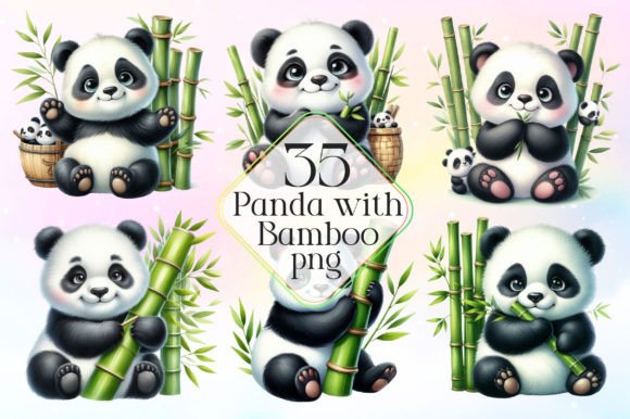 Download Watercolor Panda with Bamboo Clipart PNG - Panda Collection